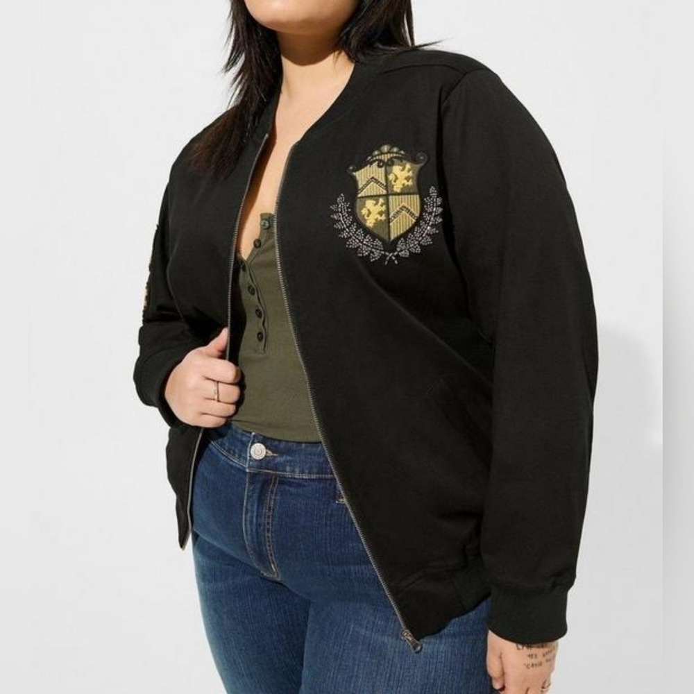 TORRID Womens Stretch Twill Bomber Beaded Embroidered Jacket BLACK Large /12